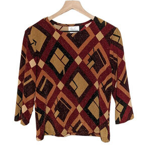 Kathie Lee Collection Sweater Womens M 8-10 Red Geometric 3/4 Sleeve Metallic